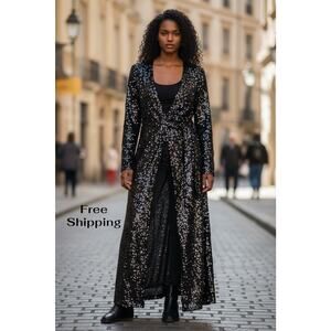H&M Black Sequin Long Coat Women's Size XS 080-V02